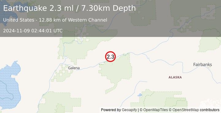 Earthquake 67 km ENE of Ruby, Alaska (2.3 ml) (2024-11-09 02:44:01 UTC)