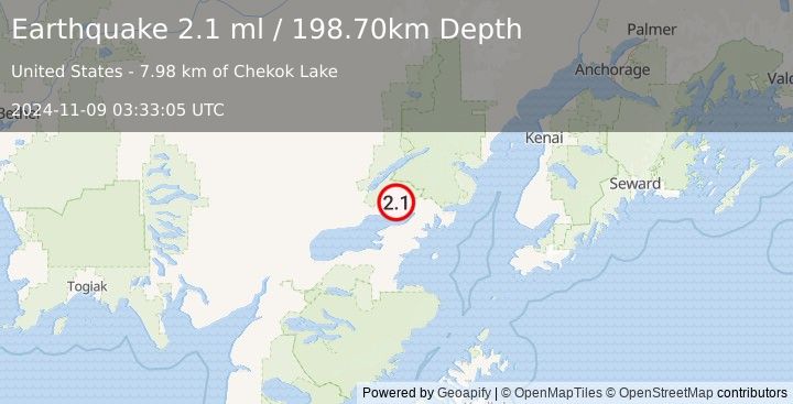 Earthquake 15 km NNW of Pedro Bay, Alaska (2.1 ml) (2024-11-09 03:33:05 UTC)