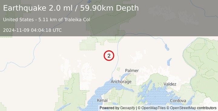 Earthquake 35 km ENE of Skwentna, Alaska (2.0 ml) (2024-11-09 04:04:18 UTC)