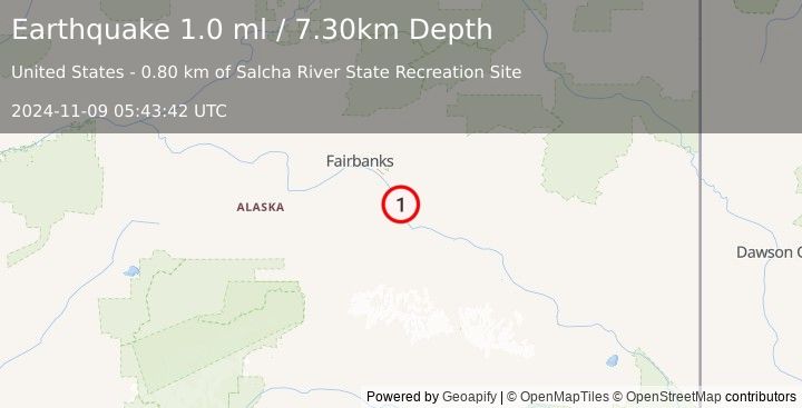 Earthquake 6 km S of Salcha, Alaska (1.0 ml) (2024-11-09 05:43:42 UTC)