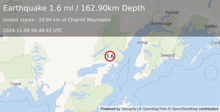 Earthquake 42 km NE of Pedro Bay, Alaska (1.6 ml) (2024-11-09 06:49:43 UTC)