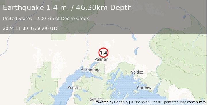 Earthquake 10 km NW of Sutton-Alpine, Alaska (1.4 ml) (2024-11-09 07:56:00 UTC)