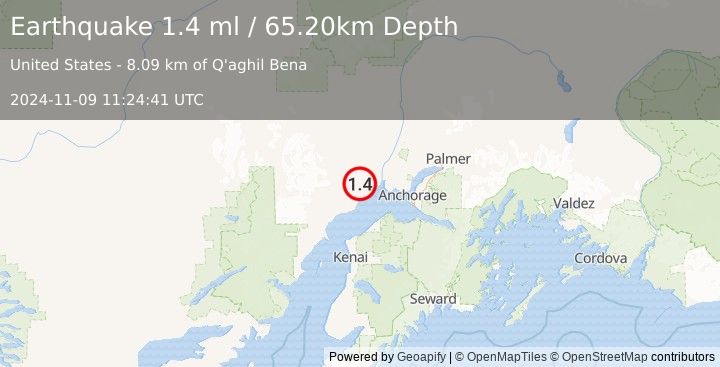 Earthquake 21 km N of Beluga, Alaska (1.4 ml) (2024-11-09 11:24:41 UTC)