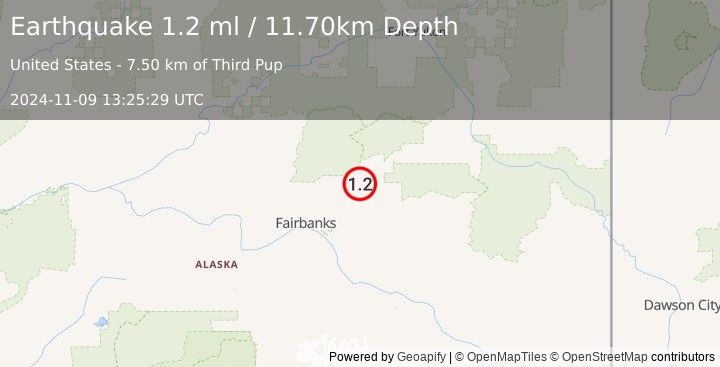 Earthquake 39 km NNE of Pleasant Valley, Alaska (1.2 ml) (2024-11-09 13:25:29 UTC)