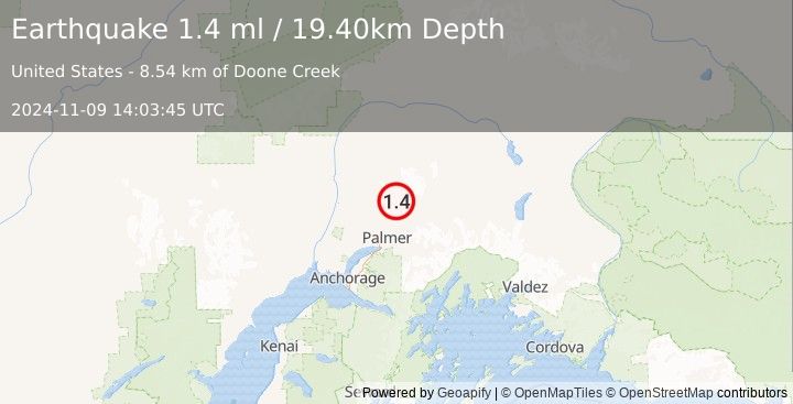 Earthquake 19 km NNW of Sutton-Alpine, Alaska (1.4 ml) (2024-11-09 14:03:45 UTC)