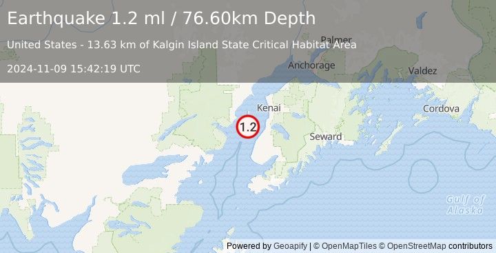 Earthquake 26 km NNW of Ninilchik, Alaska (1.2 ml) (2024-11-09 15:42:19 UTC)