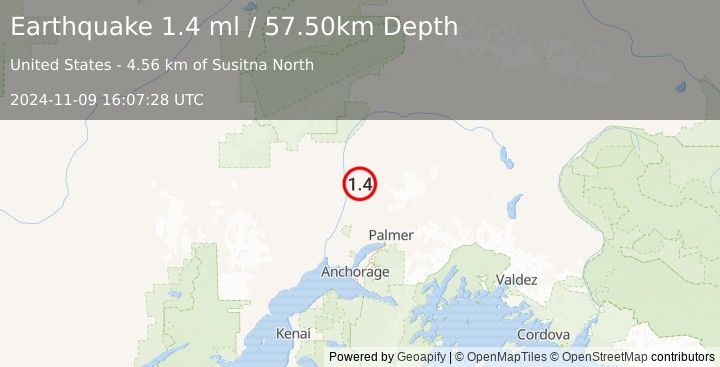 Earthquake 4 km SE of Susitna North, Alaska (1.4 ml) (2024-11-09 16:07:28 UTC)