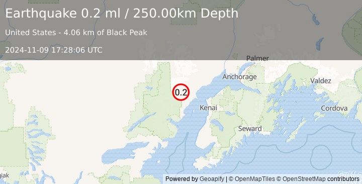 Earthquake 67 km WNW of Nikiski, Alaska (0.2 ml) (2024-11-09 17:28:06 UTC)