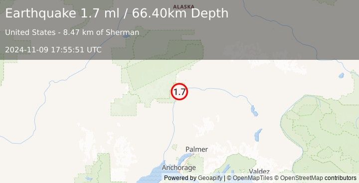 Earthquake 39 km NNE of Chase, Alaska (1.7 ml) (2024-11-09 17:55:51 UTC)