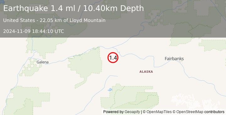 Earthquake 34 km S of Tanana, Alaska (1.4 ml) (2024-11-09 18:44:10 UTC)