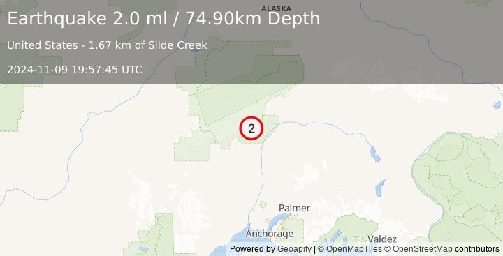 Earthquake 34 km NNE of Petersville, Alaska (2.0 ml) (2024-11-09 19:57:45 UTC)