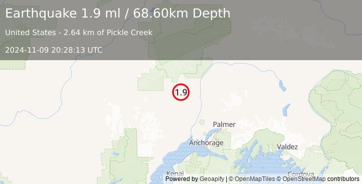 Earthquake 28 km SSW of Petersville, Alaska (1.9 ml) (2024-11-09 20:28:13 UTC)