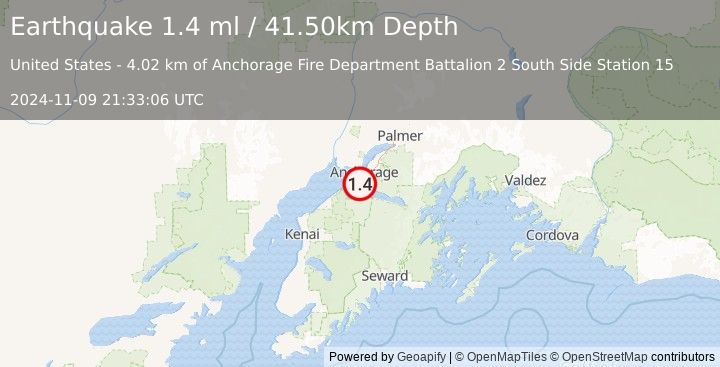 Earthquake 14 km SSW of Anchorage, Alaska (1.4 ml) (2024-11-09 21:33:06 UTC)