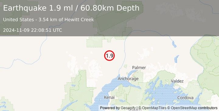 Earthquake 8 km ENE of Skwentna, Alaska (1.9 ml) (2024-11-09 22:08:51 UTC)