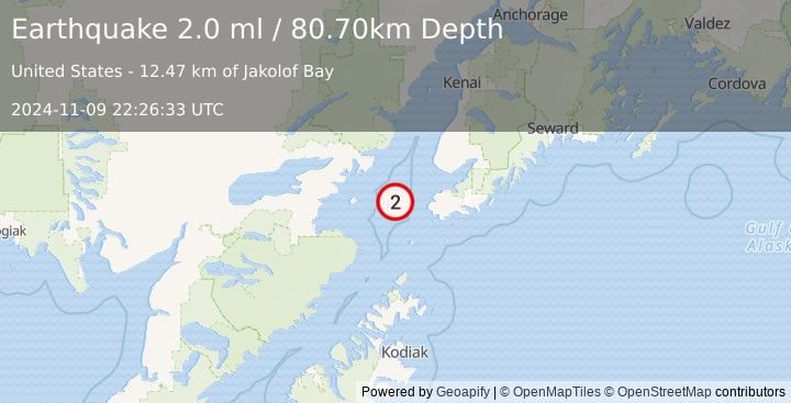 Earthquake 38 km W of Nanwalek, Alaska (2.0 ml) (2024-11-09 22:26:33 UTC)