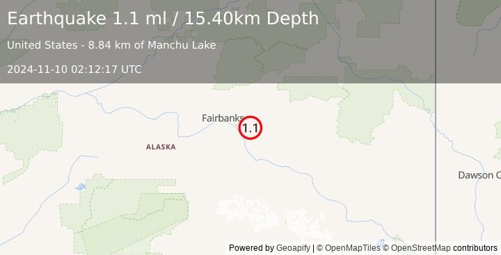 Earthquake 11 km ENE of Eielson Air Force Base, Alaska (1.1 ml) (2024-11-10 02:12:17 UTC)