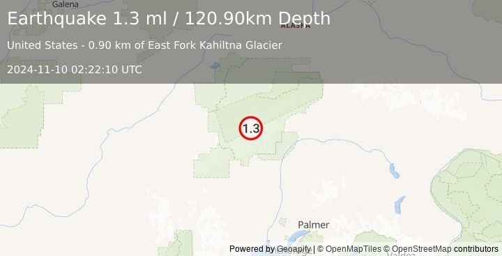 Earthquake 59 km NNW of Petersville, Alaska (1.3 ml) (2024-11-10 02:22:10 UTC)