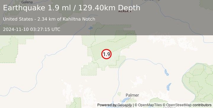 Earthquake 60 km NNW of Petersville, Alaska (1.9 ml) (2024-11-10 03:27:15 UTC)