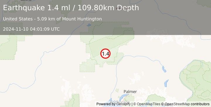 Earthquake 49 km NNW of Petersville, Alaska (1.4 ml) (2024-11-10 04:01:09 UTC)