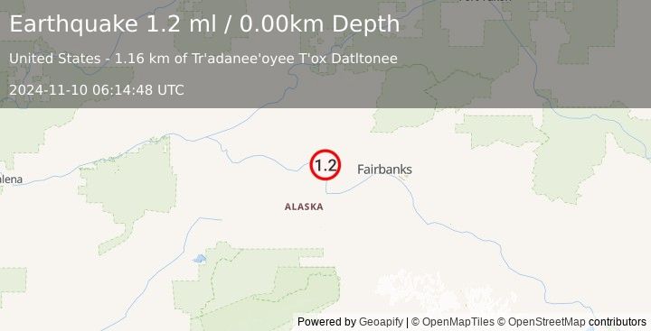 Earthquake 30 km N of Four Mile Road, Alaska (1.2 ml) (2024-11-10 06:14:48 UTC)