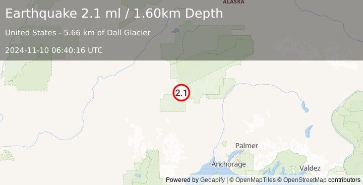 Earthquake 64 km WNW of Petersville, Alaska (2.1 ml) (2024-11-10 06:40:16 UTC)