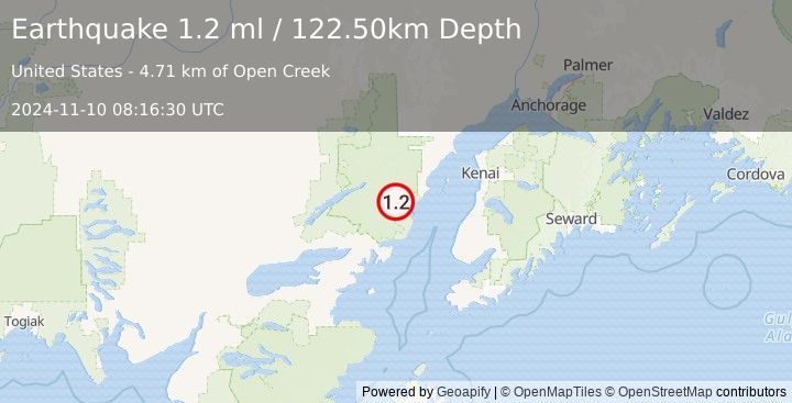 Earthquake 74 km WNW of Ninilchik, Alaska (1.2 ml) (2024-11-10 08:16:30 UTC)