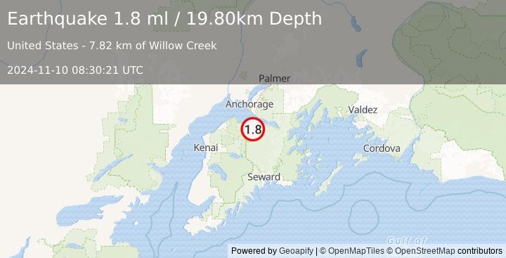 Earthquake 12 km SW of Hope, Alaska (1.8 ml) (2024-11-10 08:30:21 UTC)