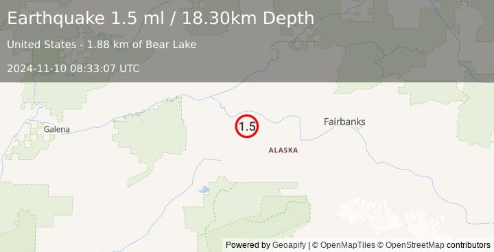 Earthquake 27 km SSW of Manley Hot Springs, Alaska (1.5 ml) (2024-11-10 08:33:07 UTC)