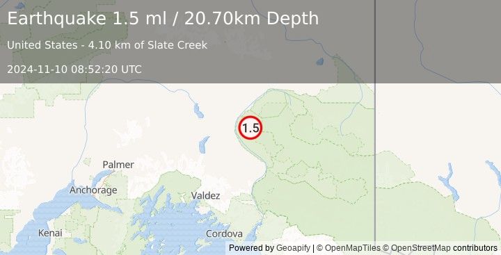 Earthquake 25 km SE of Gakona, Alaska (1.5 ml) (2024-11-10 08:52:20 UTC)