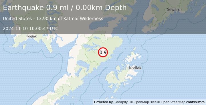 Earthquake 96 km NNW of Karluk, Alaska (0.9 ml) (2024-11-10 10:00:47 UTC)