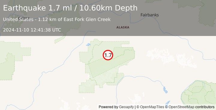 Earthquake 47 km E of Denali National Park, Alaska (1.7 ml) (2024-11-10 12:41:38 UTC)