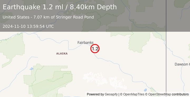 Earthquake 7 km SE of Eielson Air Force Base, Alaska (1.2 ml) (2024-11-10 13:59:54 UTC)