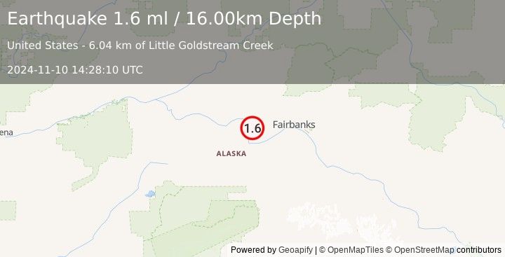 Earthquake 20 km NNE of Four Mile Road, Alaska (1.6 ml) (2024-11-10 14:28:10 UTC)