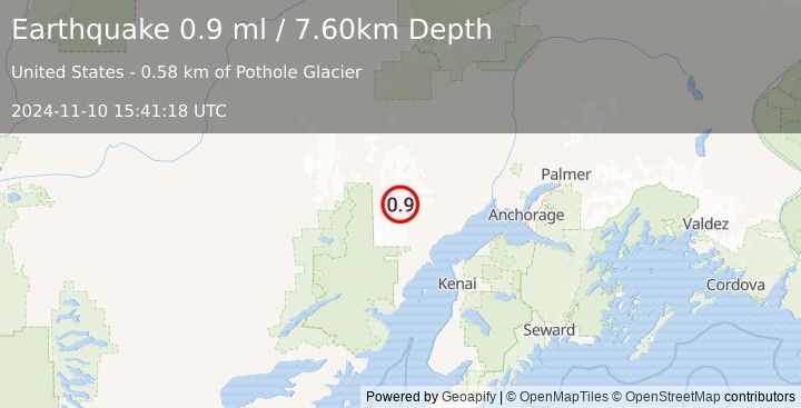 Earthquake 72 km WNW of Tyonek, Alaska (0.9 ml) (2024-11-10 15:41:18 UTC)