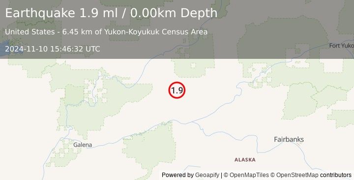 Earthquake 71 km NNW of Tanana, Alaska (1.9 ml) (2024-11-10 15:46:32 UTC)