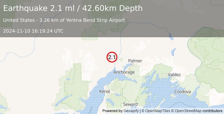 Earthquake 23 km NNW of Susitna, Alaska (2.1 ml) (2024-11-10 16:19:24 UTC)