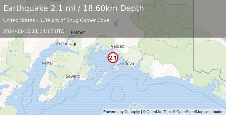 Earthquake 13 km S of Tatitlek, Alaska (2.1 ml) (2024-11-10 21:14:17 UTC)