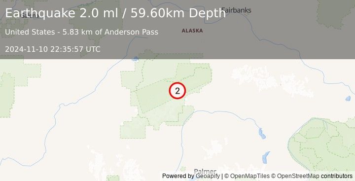 Earthquake 70 km WSW of Cantwell, Alaska (2.0 ml) (2024-11-10 22:35:57 UTC)