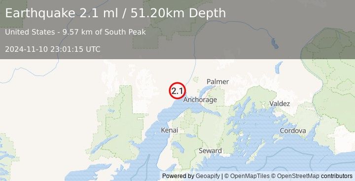 Earthquake 25 km SW of Susitna, Alaska (2.1 ml) (2024-11-10 23:01:15 UTC)