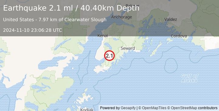 Earthquake 11 km ESE of Fox River, Alaska (2.1 ml) (2024-11-10 23:06:28 UTC)