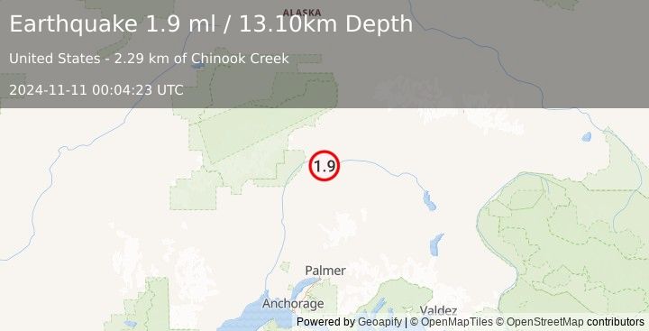 Earthquake 62 km NE of Chase, Alaska (1.9 ml) (2024-11-11 00:04:23 UTC)