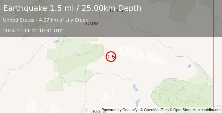 Earthquake 32 km E of Cantwell, Alaska (1.5 ml) (2024-11-11 01:10:31 UTC)