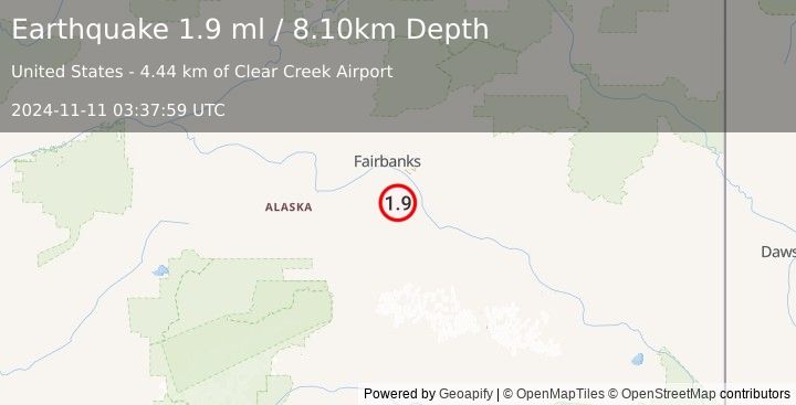 Earthquake 29 km W of Salcha, Alaska (1.9 ml) (2024-11-11 03:37:59 UTC)