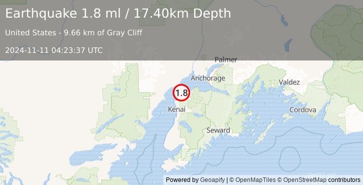 Earthquake 18 km SSE of Tyonek, Alaska (1.8 ml) (2024-11-11 04:23:37 UTC)