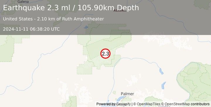 Earthquake 56 km N of Petersville, Alaska (2.3 ml) (2024-11-11 06:38:20 UTC)