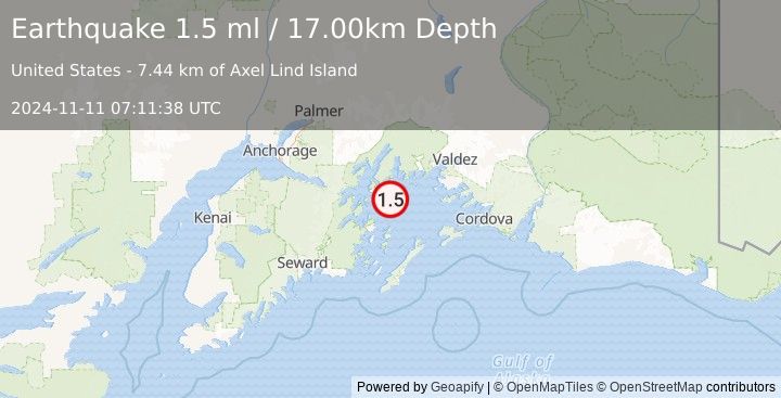 Earthquake 55 km WSW of Tatitlek, Alaska (1.5 ml) (2024-11-11 07:11:38 UTC)