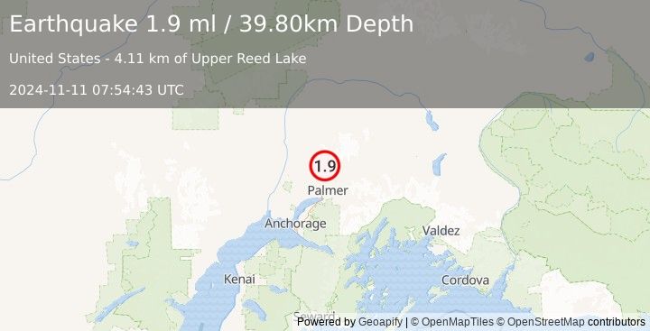 Earthquake 15 km NNE of Fishhook, Alaska (1.9 ml) (2024-11-11 07:54:43 UTC)