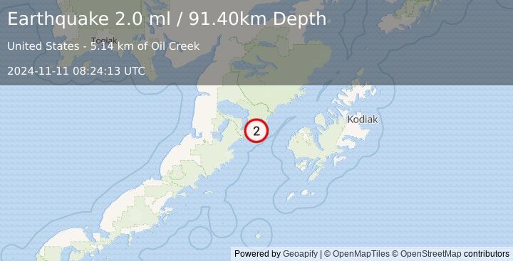 Earthquake 72 km W of Karluk, Alaska (2.0 ml) (2024-11-11 08:24:13 UTC)