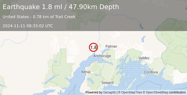 Earthquake 5 km W of Susitna, Alaska (1.8 ml) (2024-11-11 08:33:02 UTC)