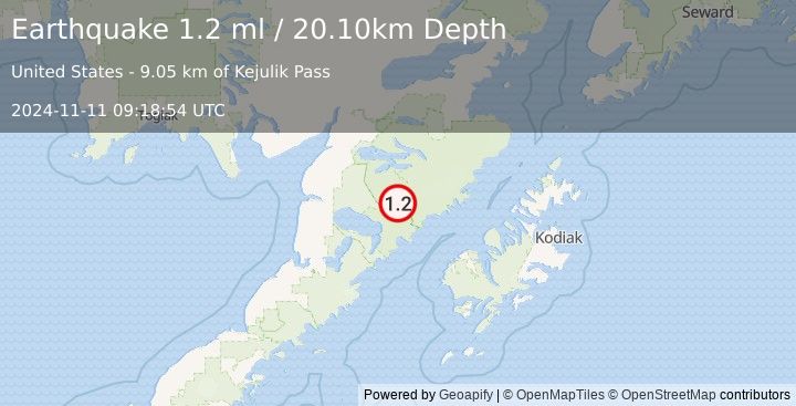 Earthquake 86 km SE of King Salmon, Alaska (1.2 ml) (2024-11-11 09:18:54 UTC)